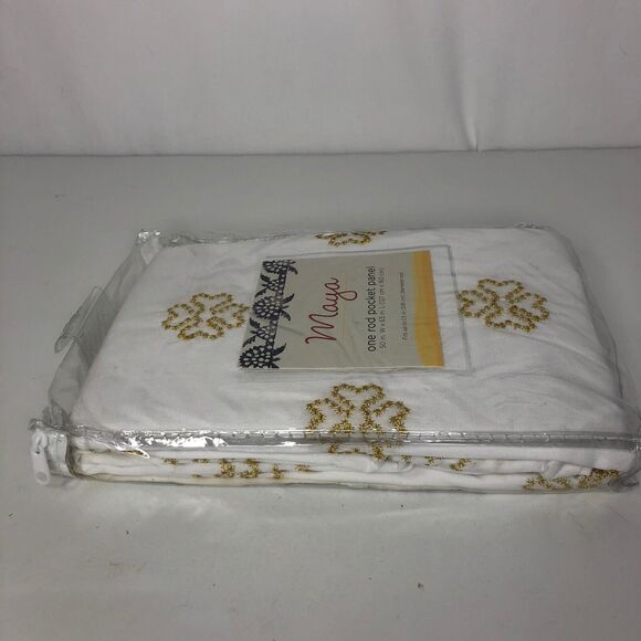 Maya Rod Pocket 63" Window Curtain Panel White Gold Floral Pattern 1 Panel - Picture 7 of 9